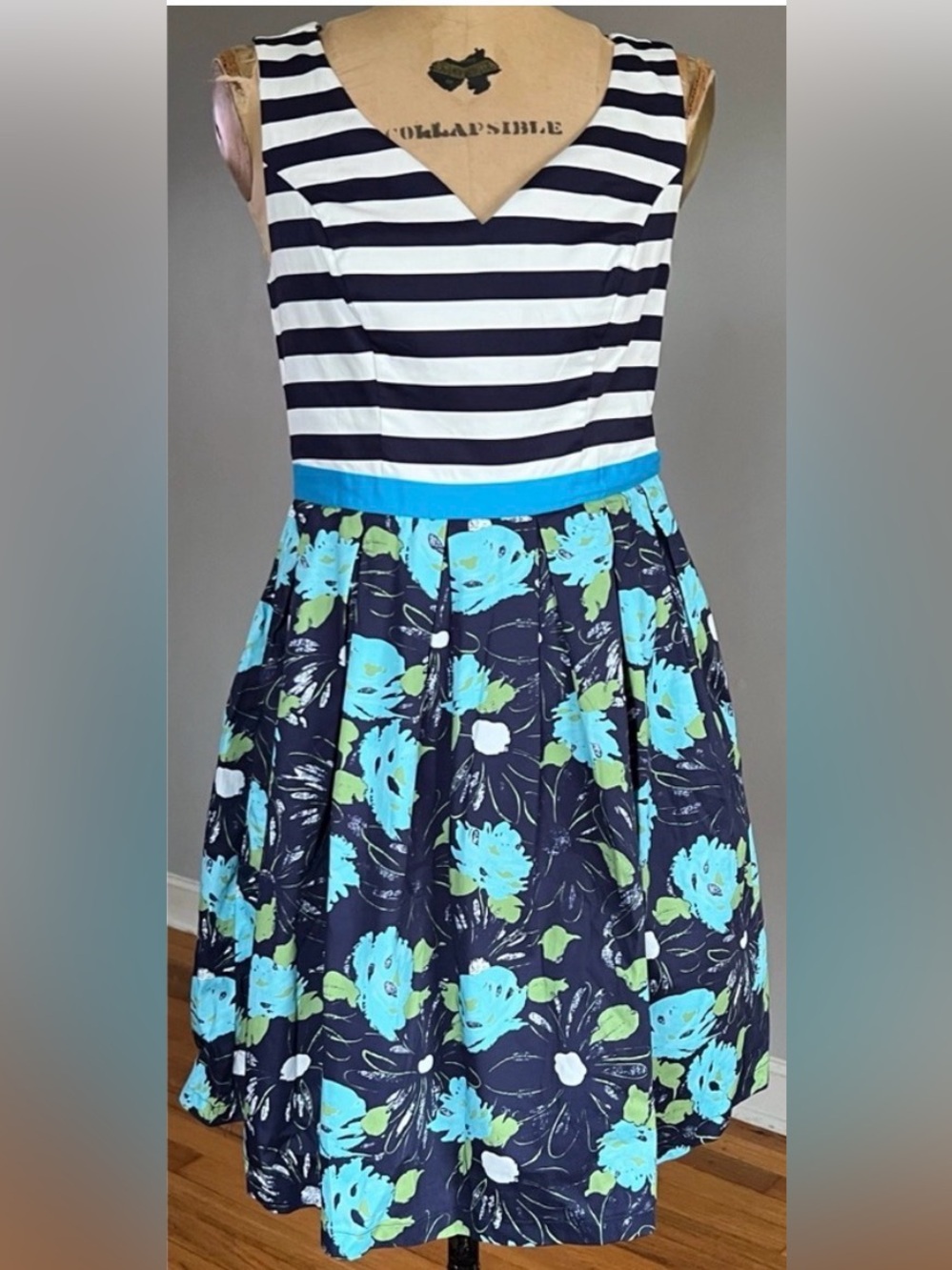 ModCloth Intriguing On Arrival Stripe Floral Pleated Fit & Flare Dress M